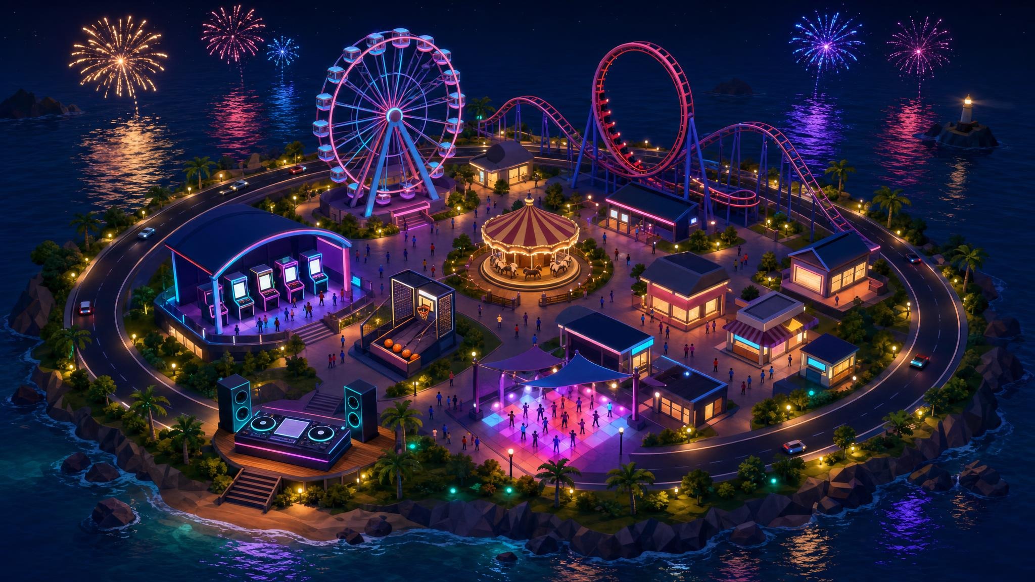 Entertune Park island with its highway, rides, arcade, and music stage